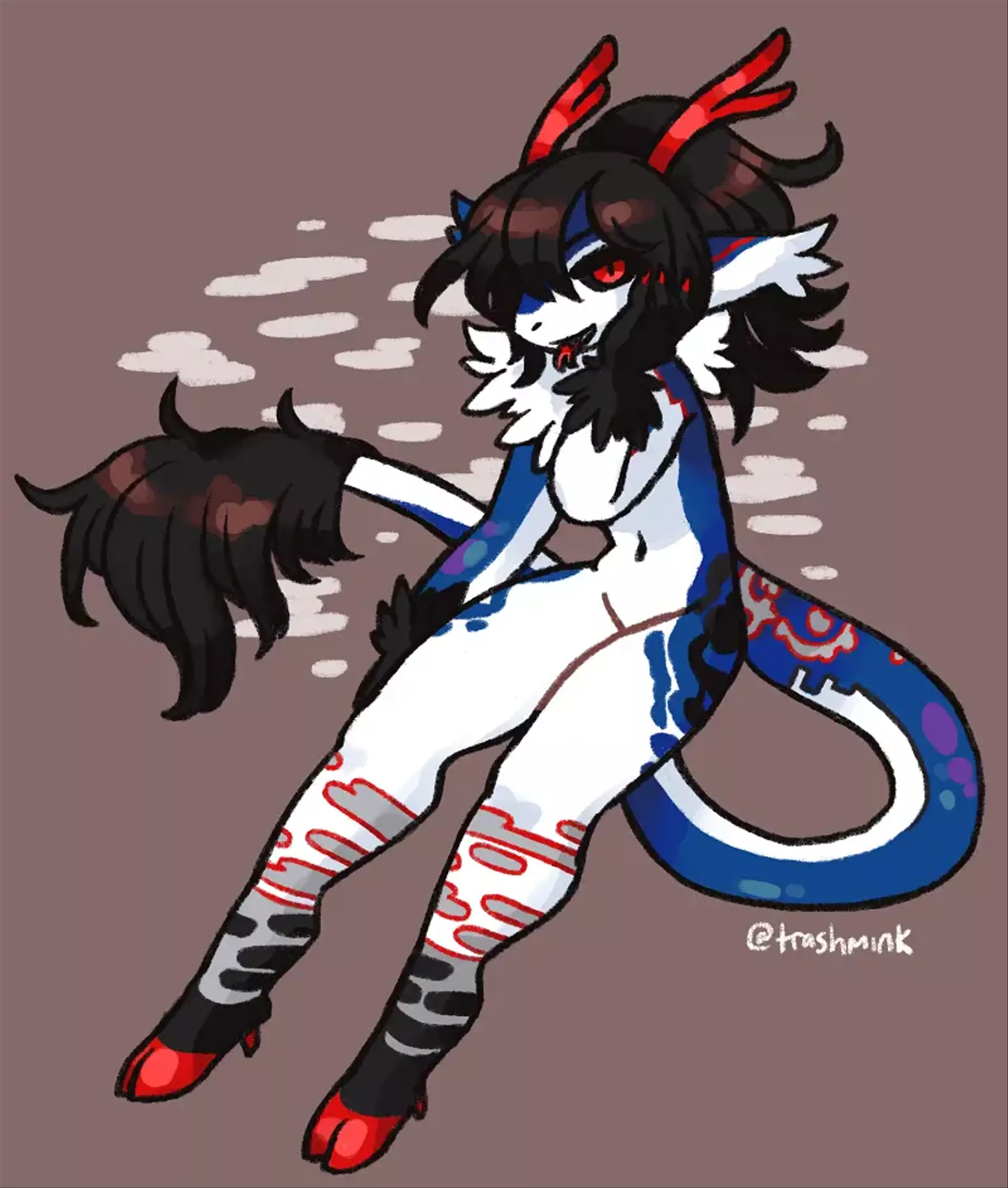 
            An anthropomorphic dragon with a blue and white color scheme. They have red eyes, horns, and hooves. Their
            hair, the tuft at the end of their tail, and their hands are black. They have fog-shaped markings.
        