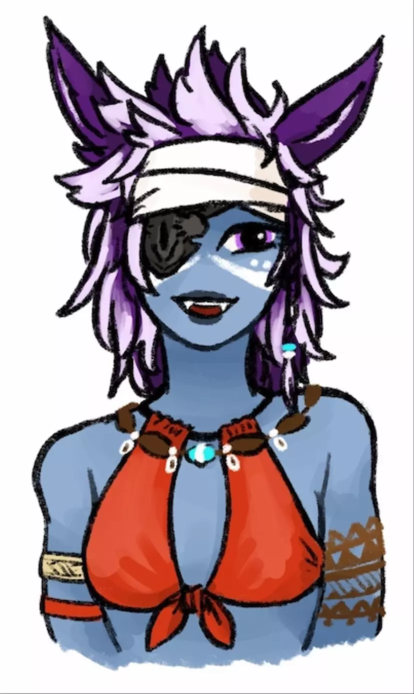 
            A miqo'te from FFXIV. They have blue skin, purple hair, and purple eyes. They have an eyepatch and orange
            beachwear.
        