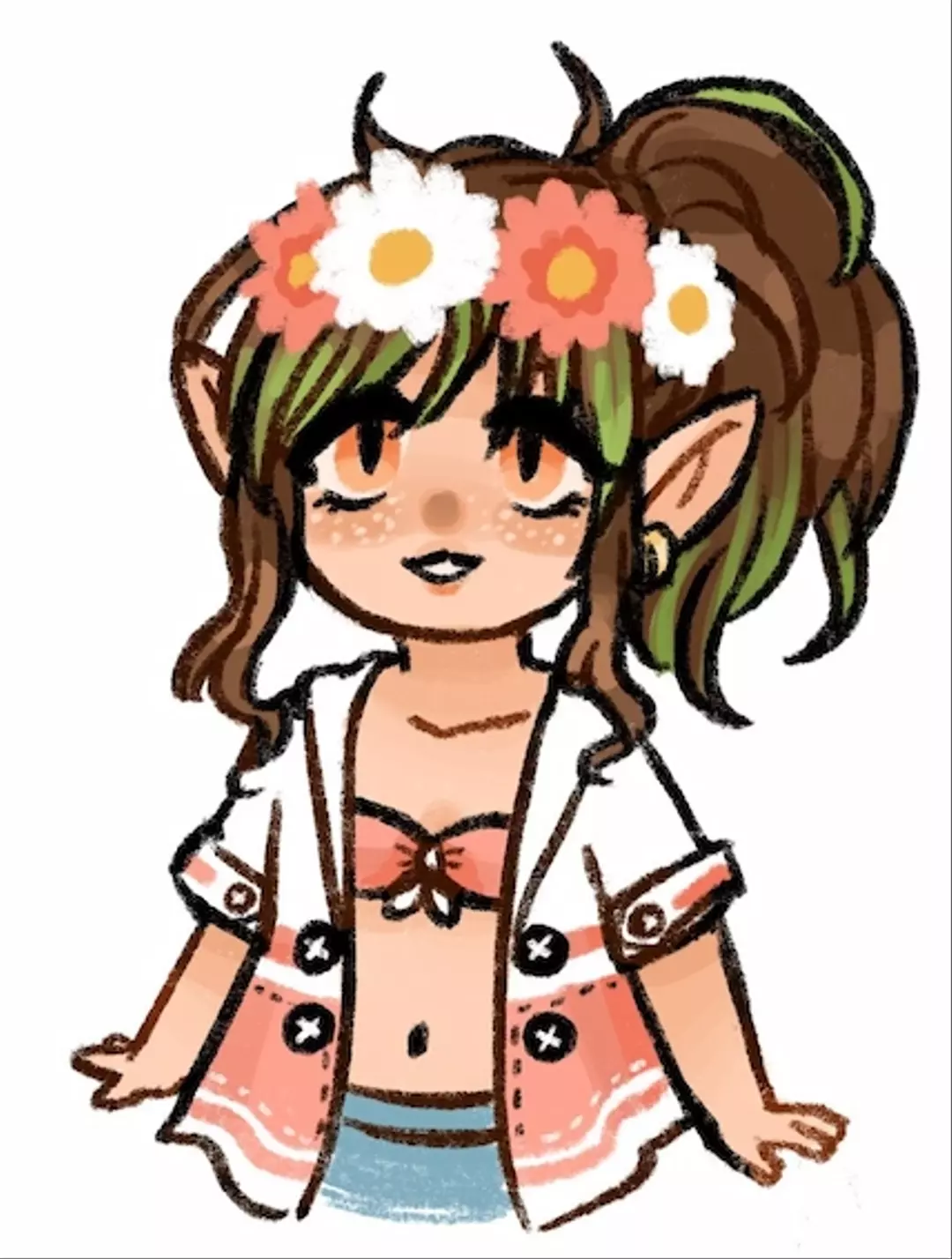 
            A lalafell from FFXIV. They have peach eyes, and brown hair with green highlights. They are wearing pink
            beachwear and a flower crown.
        