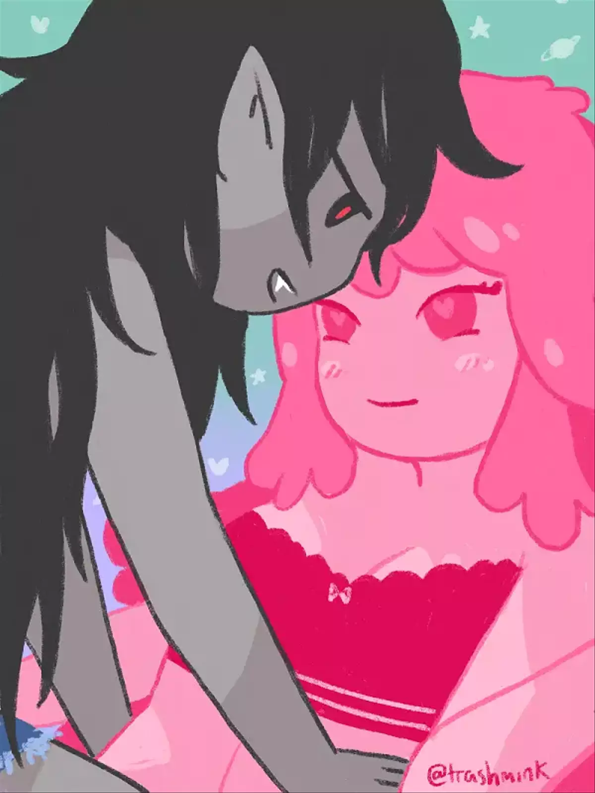 
            Marceline and Princess Bubblegum from Adventure Time; they are staring into each other's eyes smiling as
            Marceline straddles Bubblegum.
        