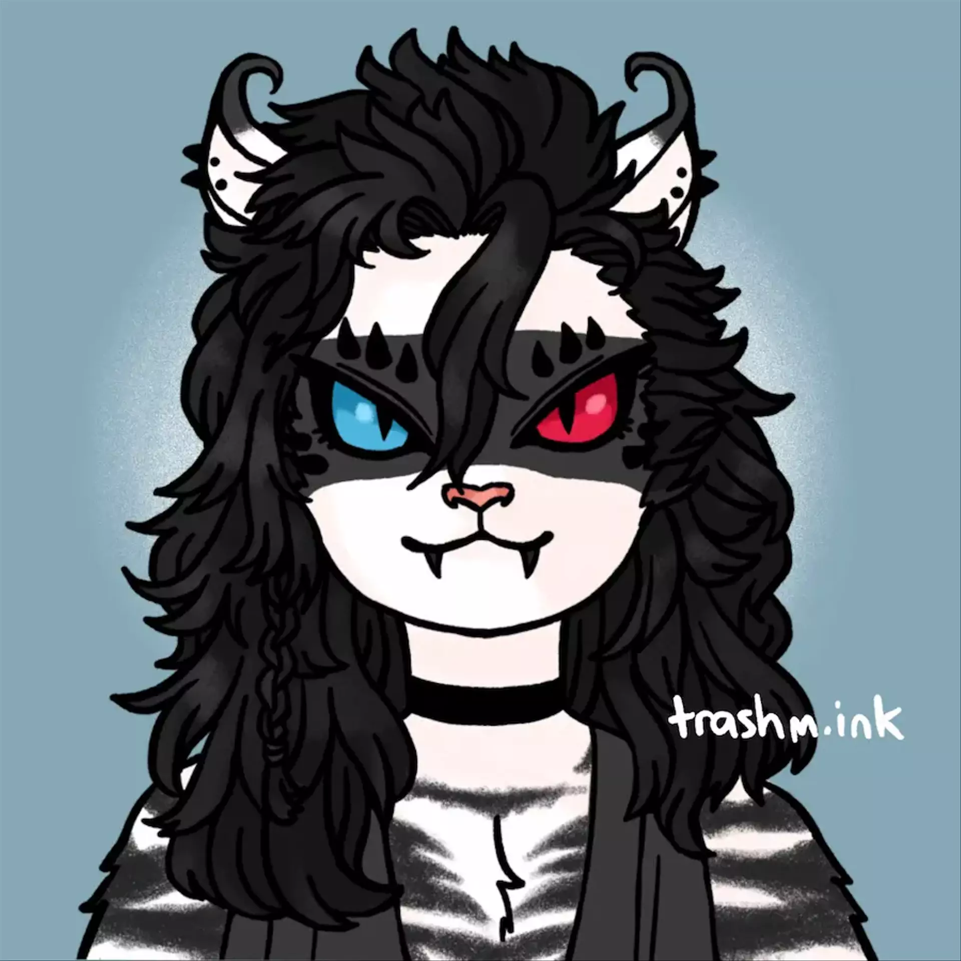 
            Portrait of a hrothgar (Panya, she/her) from FFXIV. She has white fur, black hair and stripes, and
            heterochomatic blue and pink eyes.
        