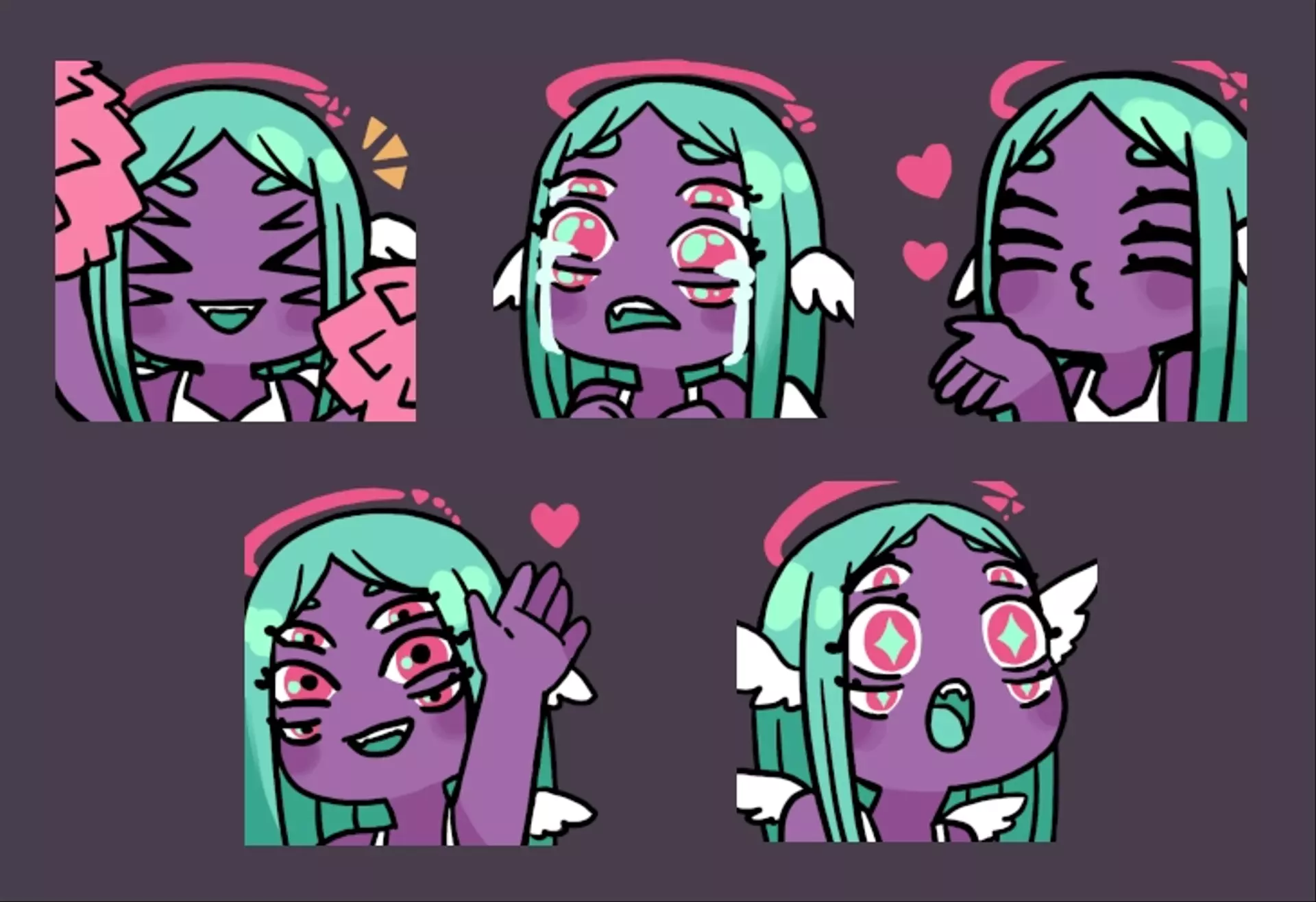 Five emotes of a six-eyed, purple-skinned angel, with various expressions.