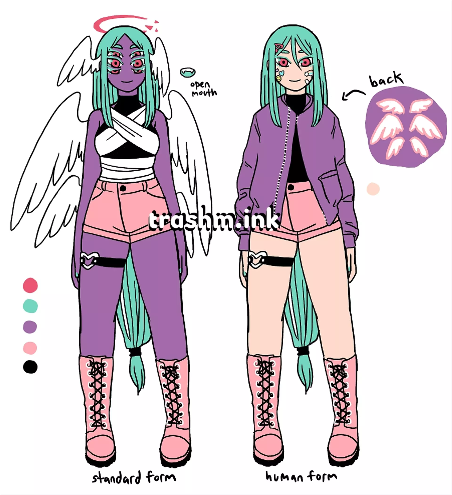 
            Reference sheet for an angel character. They have purple skin, long turquoise hair, and three pairs of pink
            eyes. The inside of their mouth is turquoise and they have fangs. They have three pairs of white, feathery
            wings, and a shattered pink halo with floating fragments. Depicted next to them is their human form, which
            has pale skin and a normal amount of eyes, as well as added accessories such as colorful barrettes and cute
            stickers on their face.
        