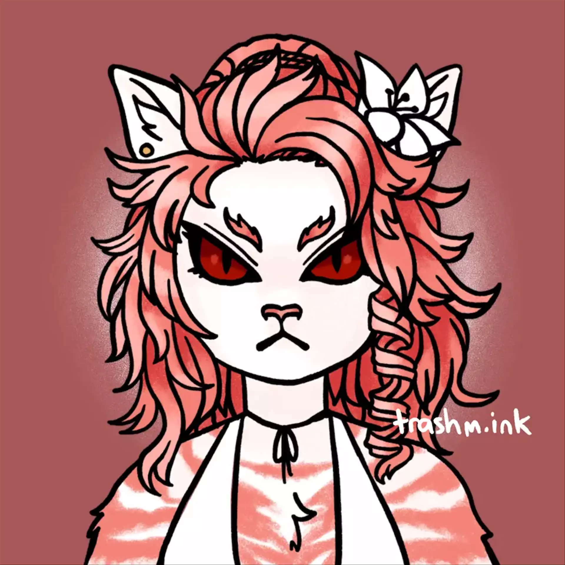 
            Portrait of a hrothgar (Krinovya, she/her) from FFXIV. She has white fur, pink hair and stripes, and dark
            red eyes.
        