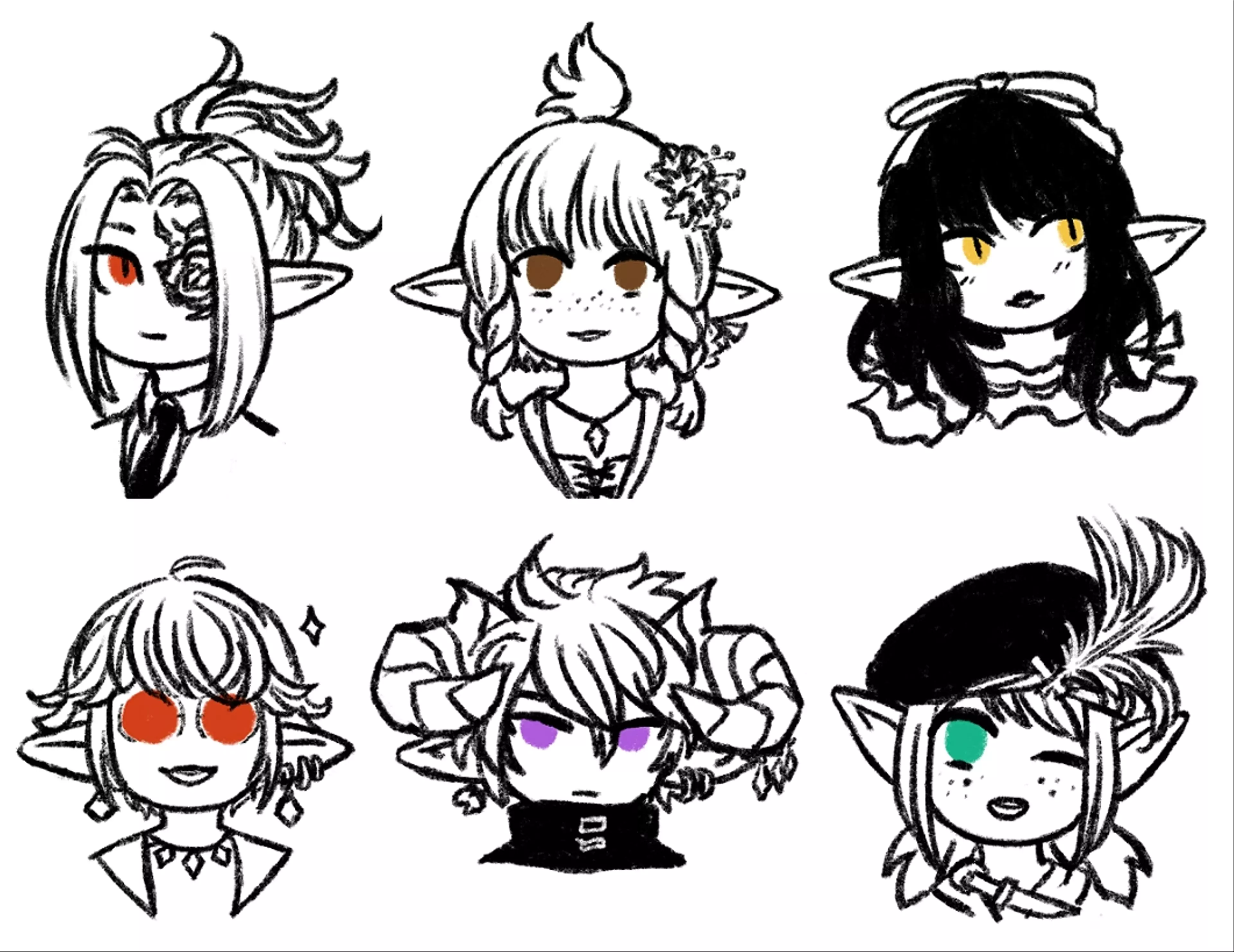 Six portraits of lalafells from FFXIV. Everything is in black and white except for their eyes.