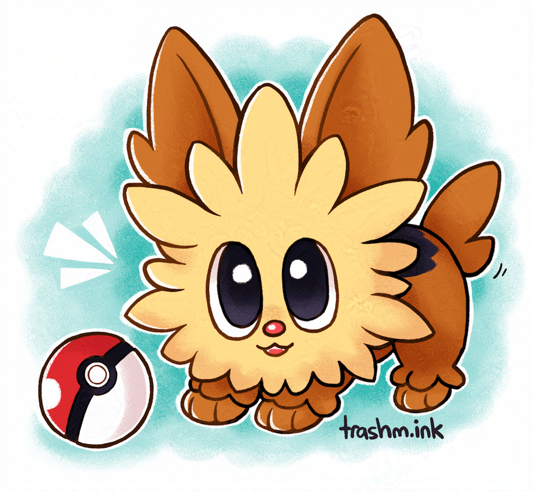 The pokemon lillipup play bowing in front of a pokeball.