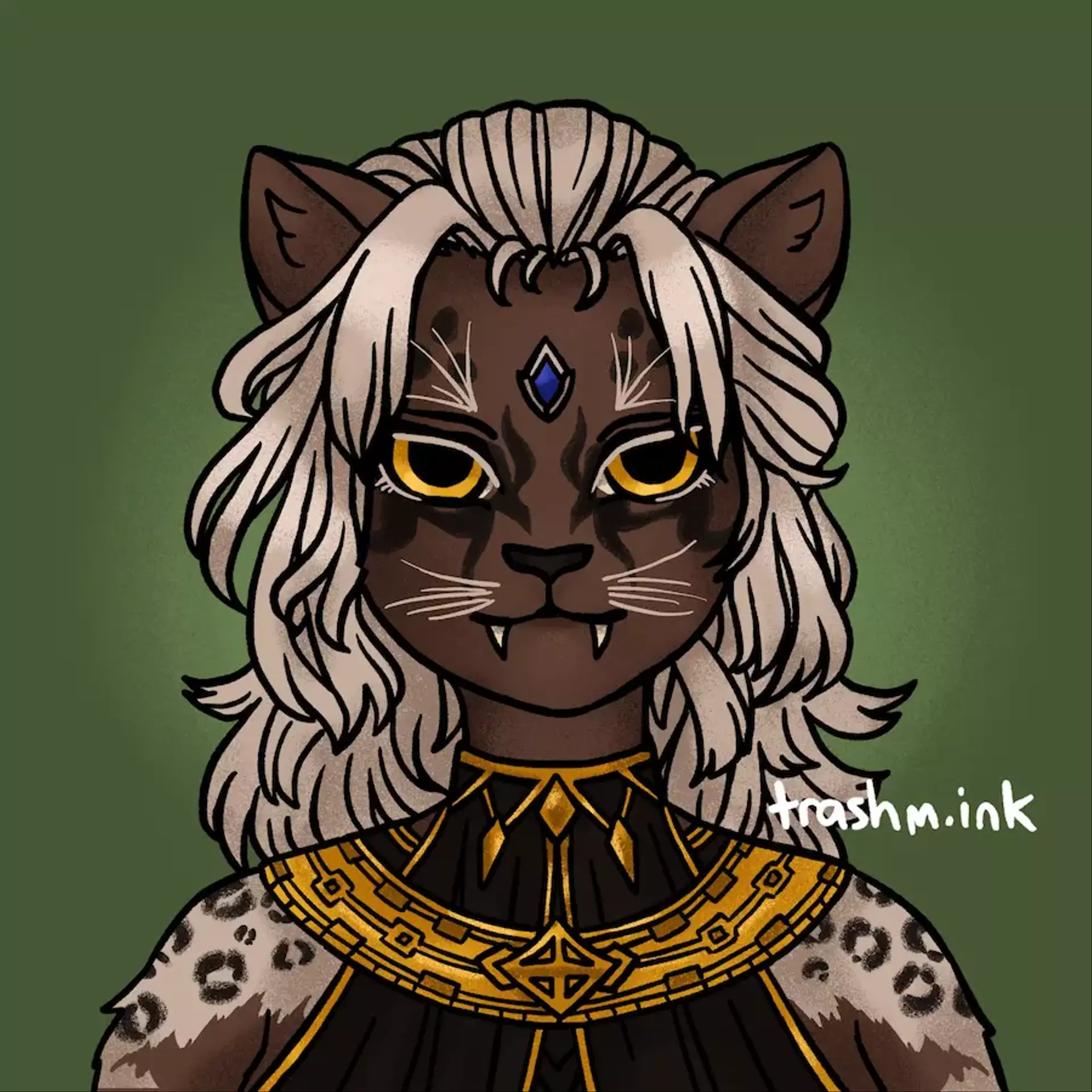 
            Portrait of a hrothgar (Ano, she/her) from FFXIV. She has brown fun, cream hair, leopard spots, and yellow
            eyes.
        