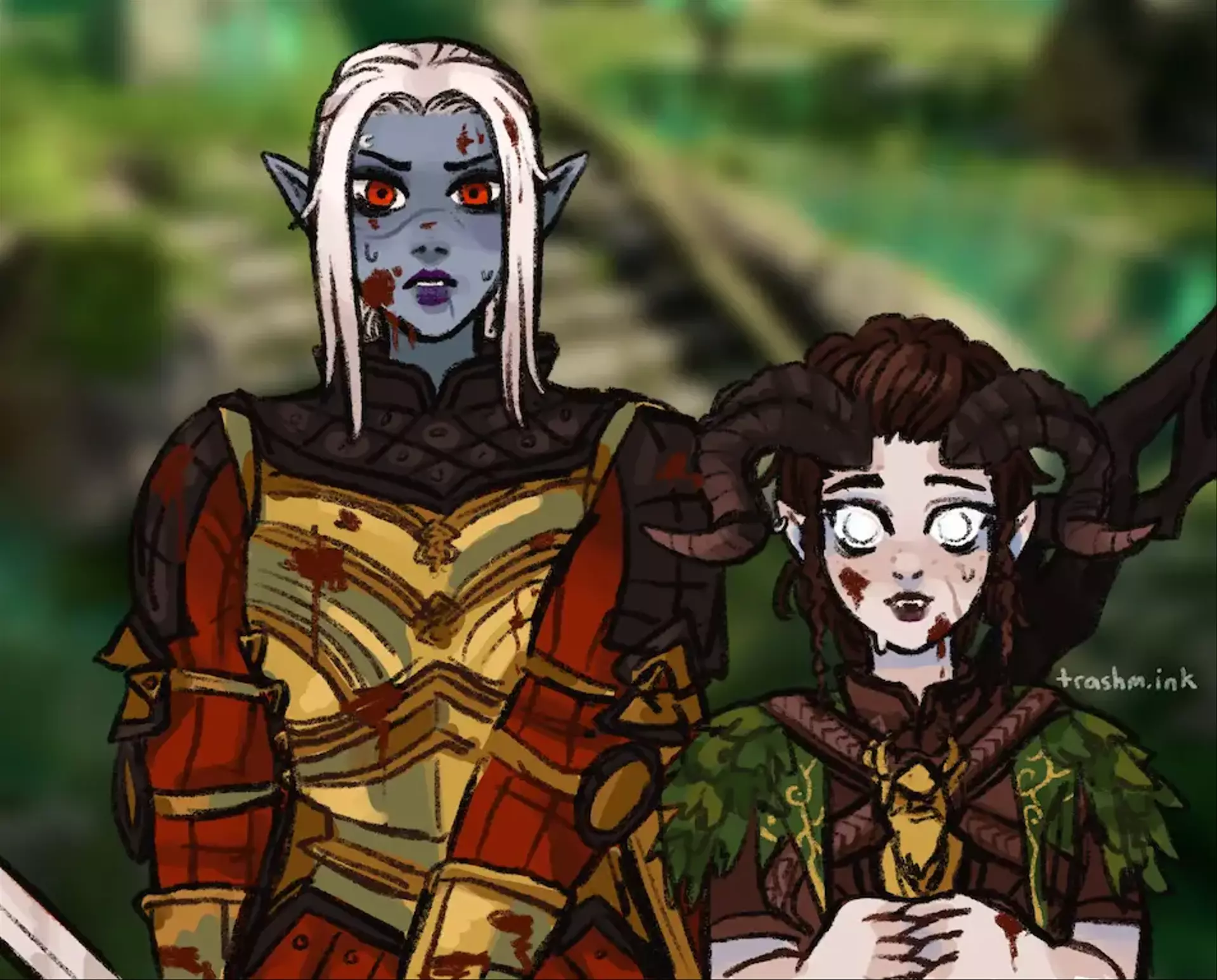 
            A drow (Alaunirra, she/her) and a tiefling (Rue, she/they) from Baldur's Gate 3. They are standing in the
            druid's grove; Rue is holding an artifact, and Alaunirra has a sword drawn. They are spattered with blood,
            and they are nervously staring at the viewer.
        