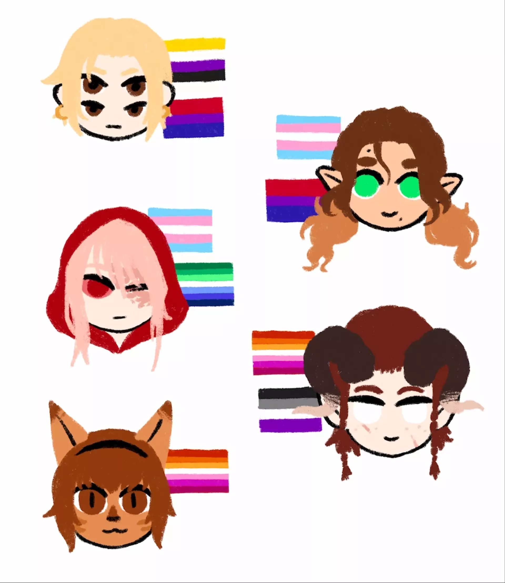 
            A collection of simple character portraits with their corresponding pride flags. Popriaje (they/them),
            nonbinary & bi; Rys (she/her), trans & bi; Jasper (he/they), trans & gay; Rue (she/they), lesbian & asexual;
            Tsiife (she/her), lesbian.
        