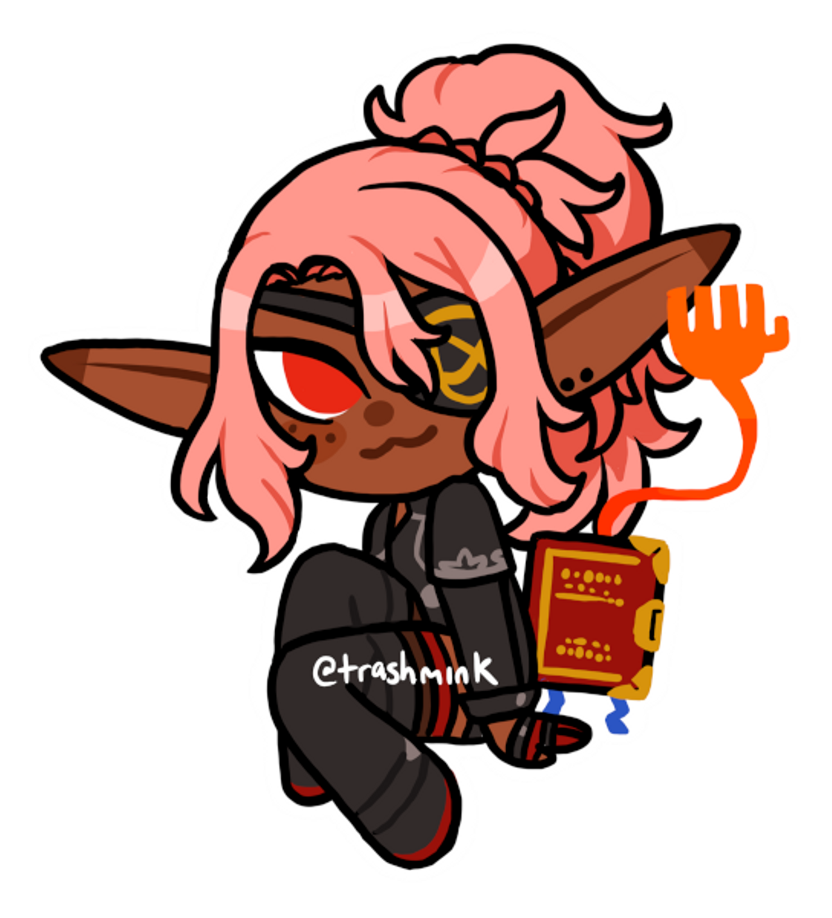 A pink-haired lalafell (Rorozi, she/her) from FFXIV, sitting next to her Page 63 minion