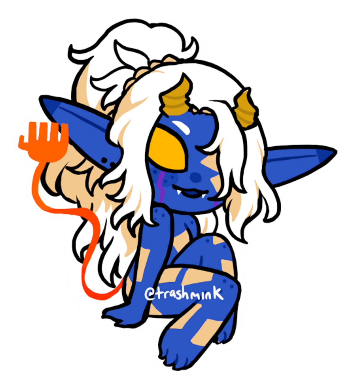 
            A fusion of a lalafell and Page 63 minion from FFXIV. She has blue skin, solid yellow eyes, white hair, and
            horns, with the Page 63 bookmark hand as a tail.
        