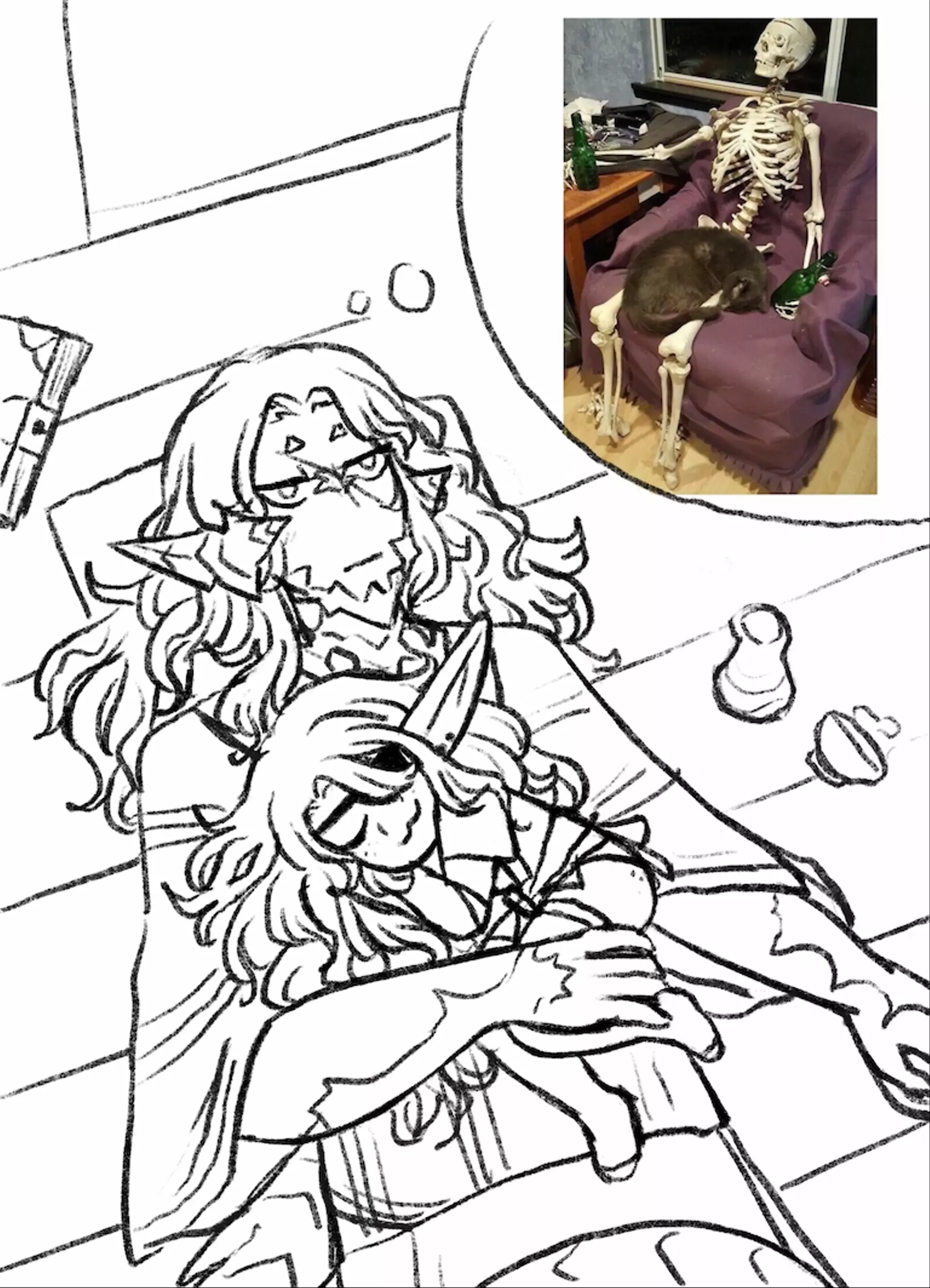 
            A lalafell (Rorozi, she/her) sleeping on top of an au ra (Kirisame, he/him) while he stares deadpan at the
            ceiling. There is a spilled drink next to him. A thought bubble over Kiri's head depicts a photo of a cat
            sleeping on a skeleton's lap.
        