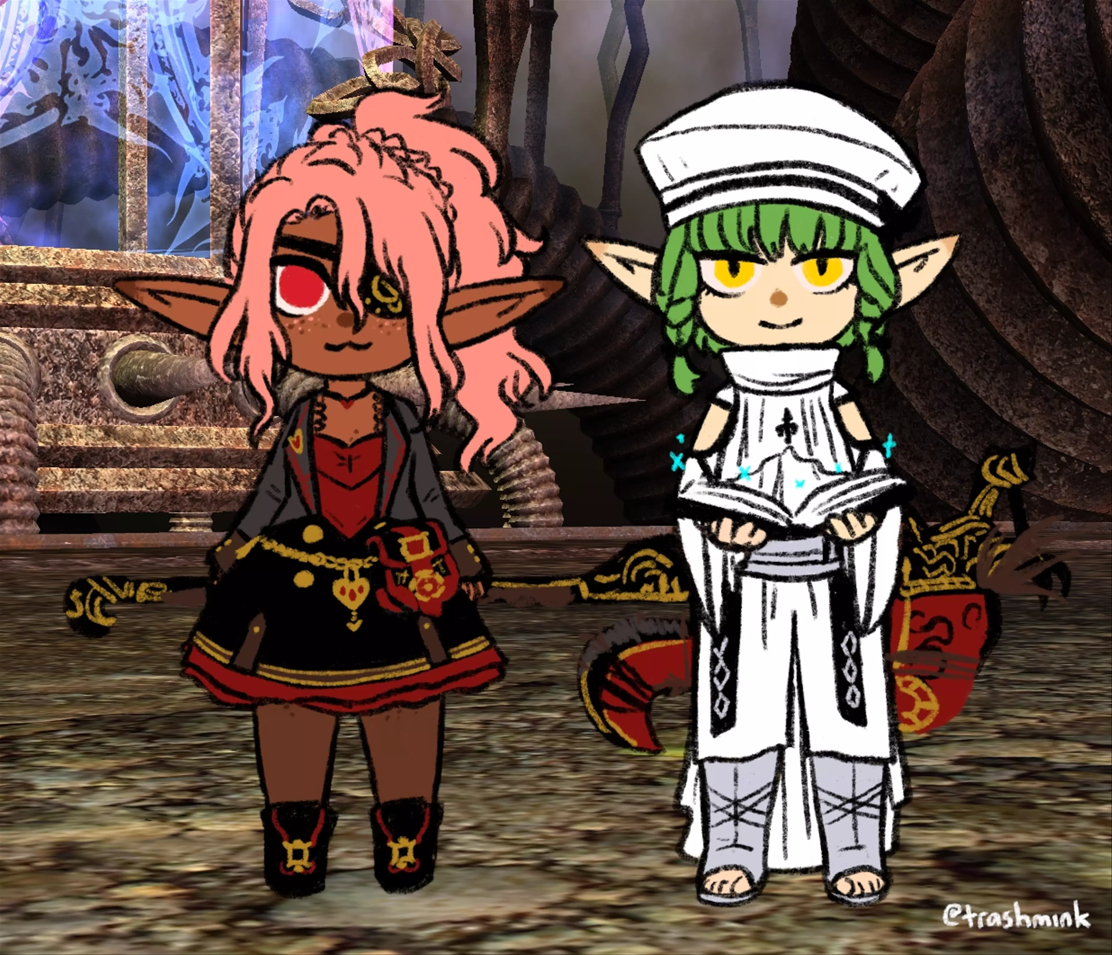 
            A pink-haired lalafell (Rorozi, she/her) and a green-haired lalafell (Pazozo, she/her) from FFXIV. They are
            standing in Hephaestus' arena. Rozi is holding a scythe and Pazozo is holding a scholar's tome. They are
            staring at the viewer (presumably Hephaestus) intently.
        