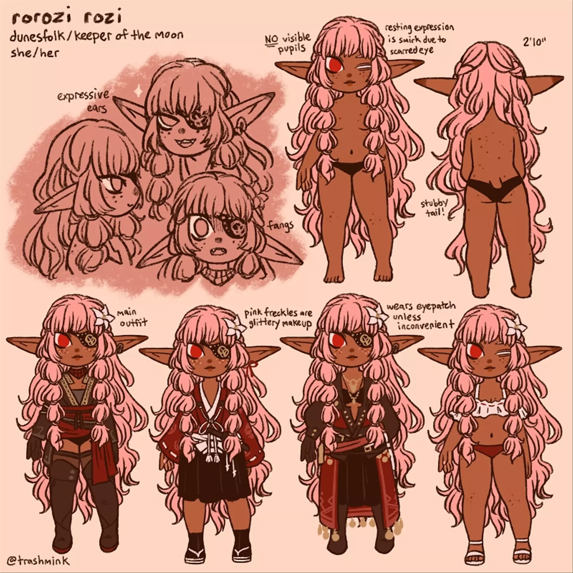 
            Reference sheet for an FFXIV character. Her name is Rorozi Rozi. She's half Dunesfolk and half Keeper of
            the Moon. She's 2'10", and has fangs and a stubby tail from her miqo'te heritage. Her signature dunesfolk
            eyes have no visible pupils, and one eye is scarred and permanently squinted. Her resting expression is a
            permanent smirk due to this. She has dark skin and freckles; her good eye is magenta, and the bad one is
            cloudy white. The sheet depicts various outfits, including an eyepatch that she typically wears.
        