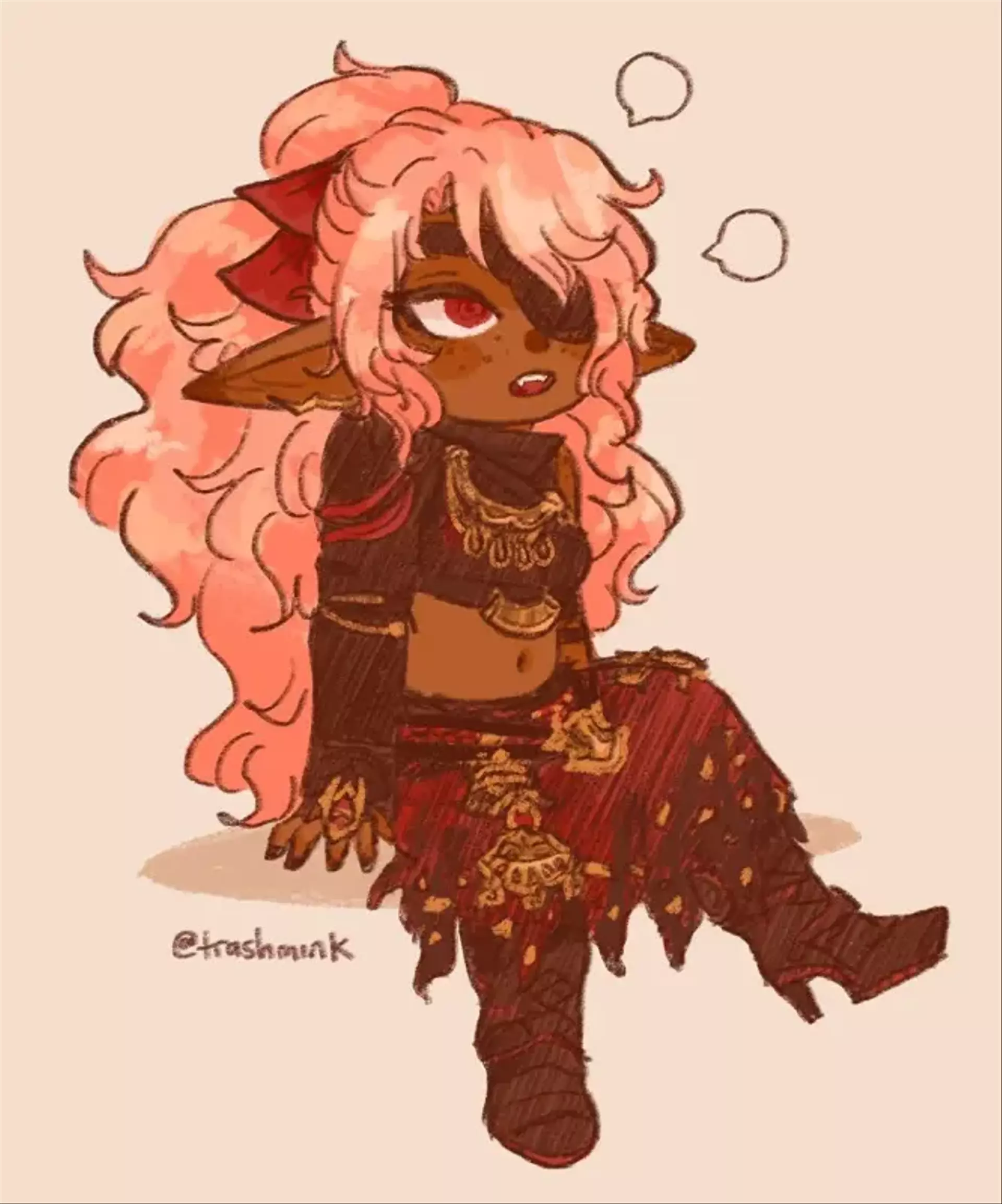 A pink-haired lalafell (Rorozi, she/her) from FFXIV, dressed in Paglth'an attire.