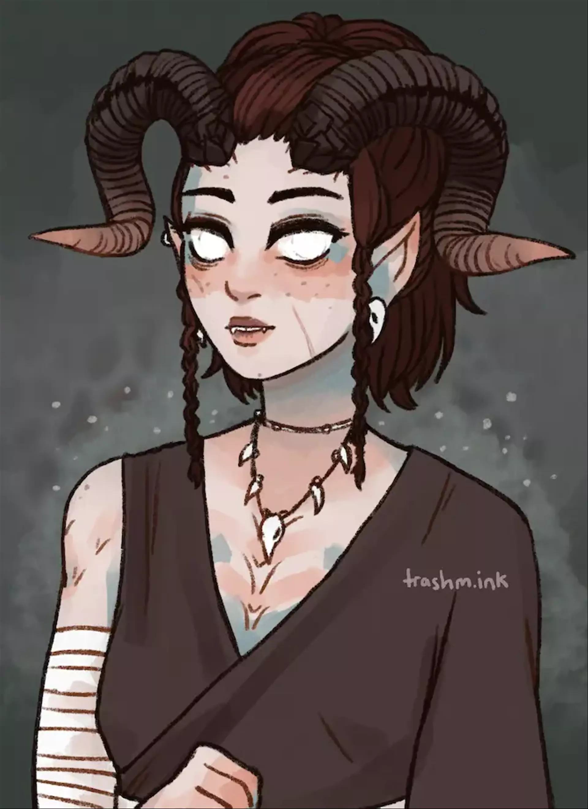 
            A tiefling (Rue, she/they) from Baldur's Gate 3. She has sickly pale skin with freckles, and several scars
            on her face. Her hair is brown and tied into a high ponytail with two thin braids framing her face. She has
            jewelry made from bone, and her eyes are a cloudy white with no visible pupils. Her ears are pointed and
            curve upward.
        