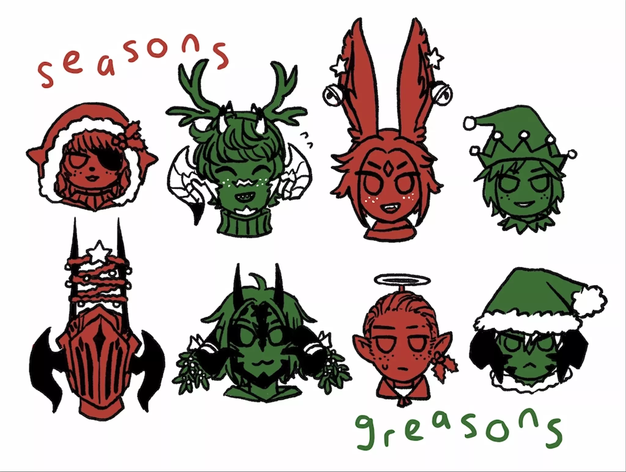 
            Eight portraits of characters from an FFXIV static, all dressed in Christmas-themed accessories. The text
            says "seasons greasons".
        