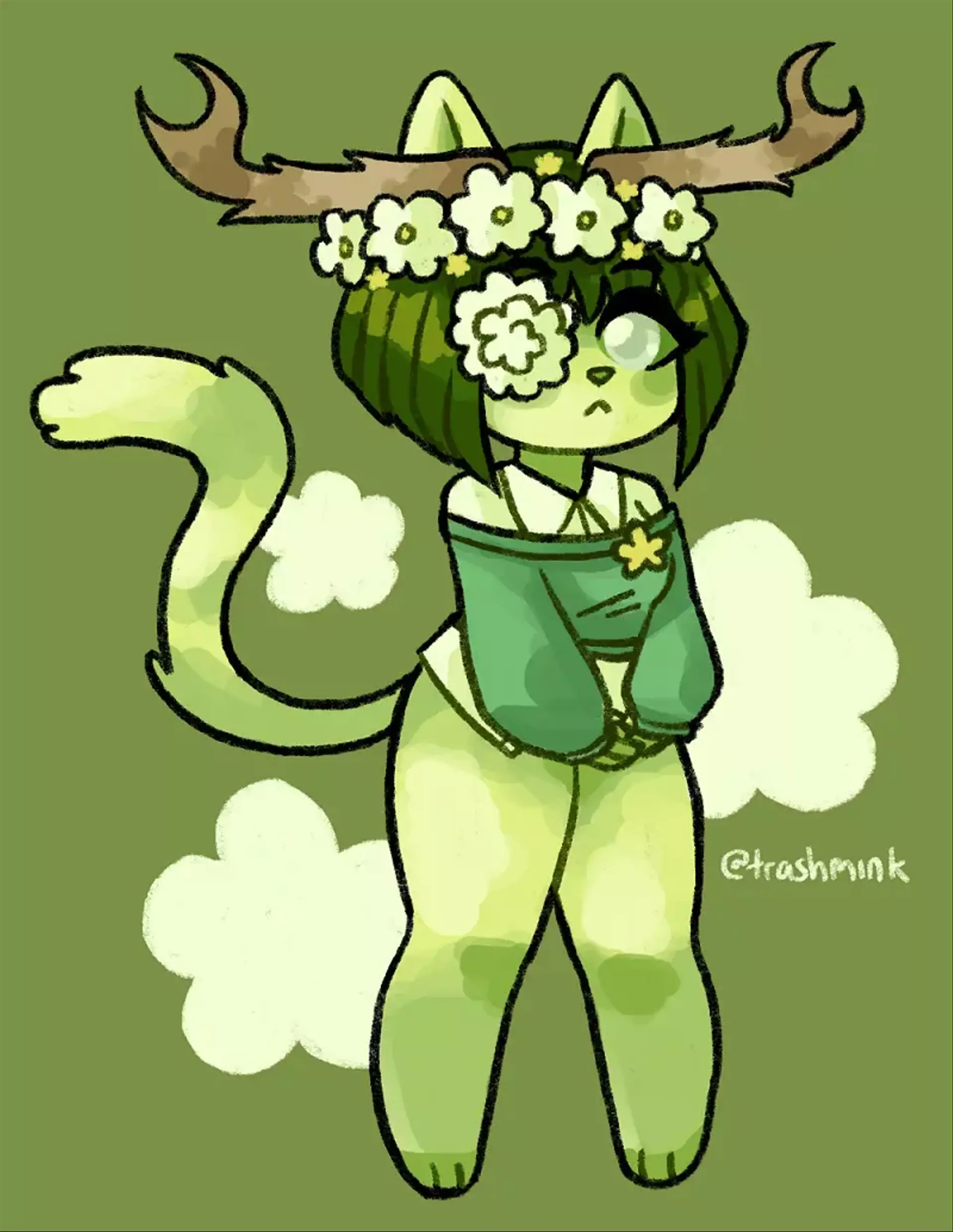 
            A green anthropomorphic cats with antlers. They're wearing a flower crown, as well as a flower over their
            right eye.
        