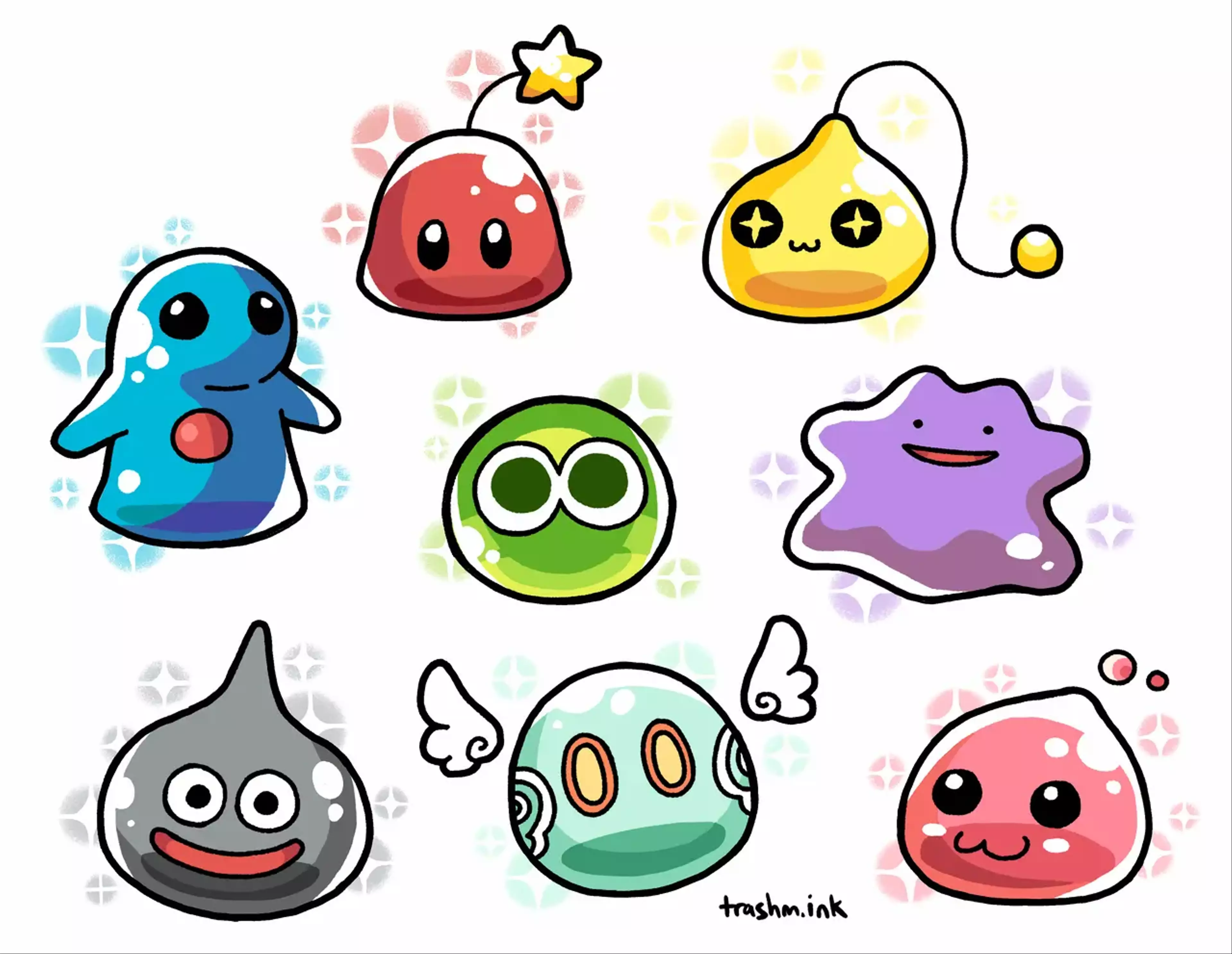 
            A collection of slimes from different video game series, including: a red slime from Stardew Valley, a
            gold slime from MapleStory, Jell from Monster Rancher, a green Puyo from Puyo Puyo, Ditto from Pokemon, a
            metal slime from Dragon Quest, an anemo slime from Genshin Impact, and a poring from Ragnarok Online.
        