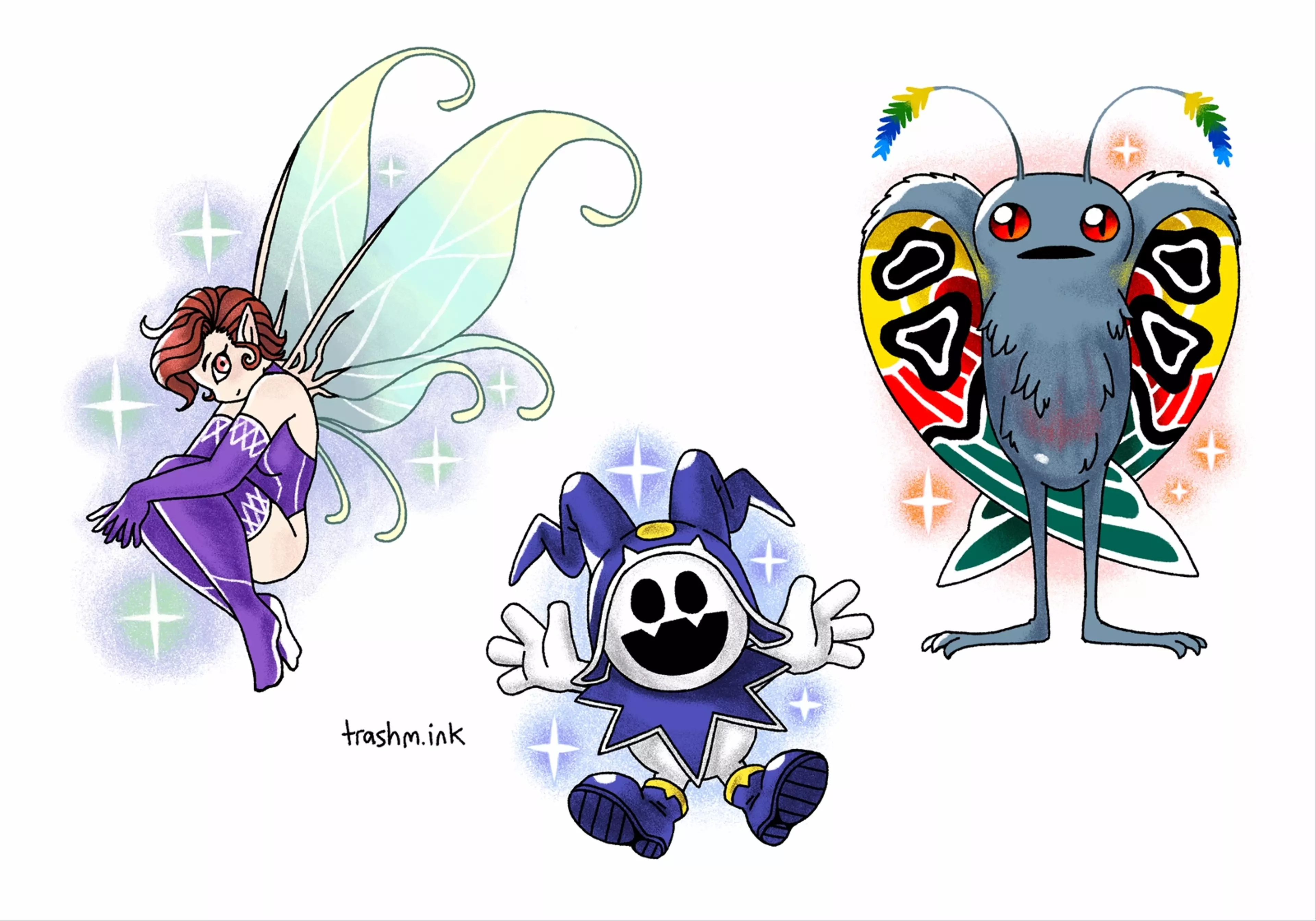 Pixie, Jack Frost, and Mothman from the Shin Megami Tensei series.