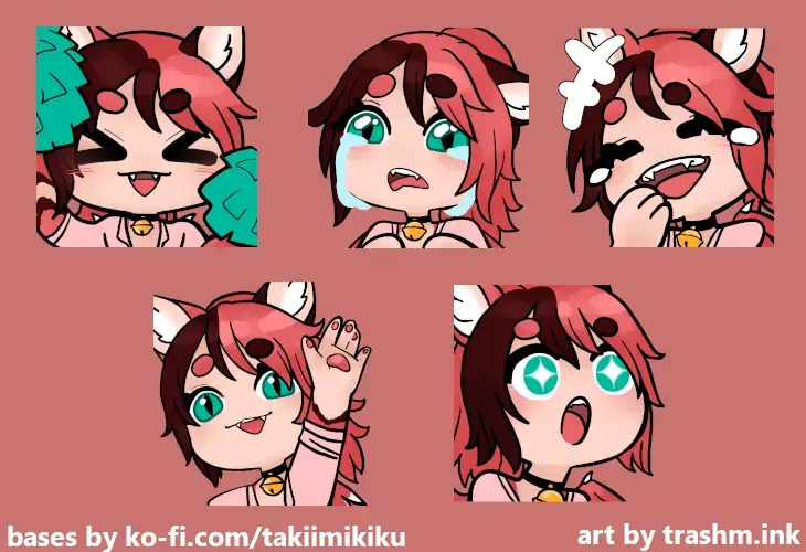 Five emotes of a cat-eared character, with various expressions.