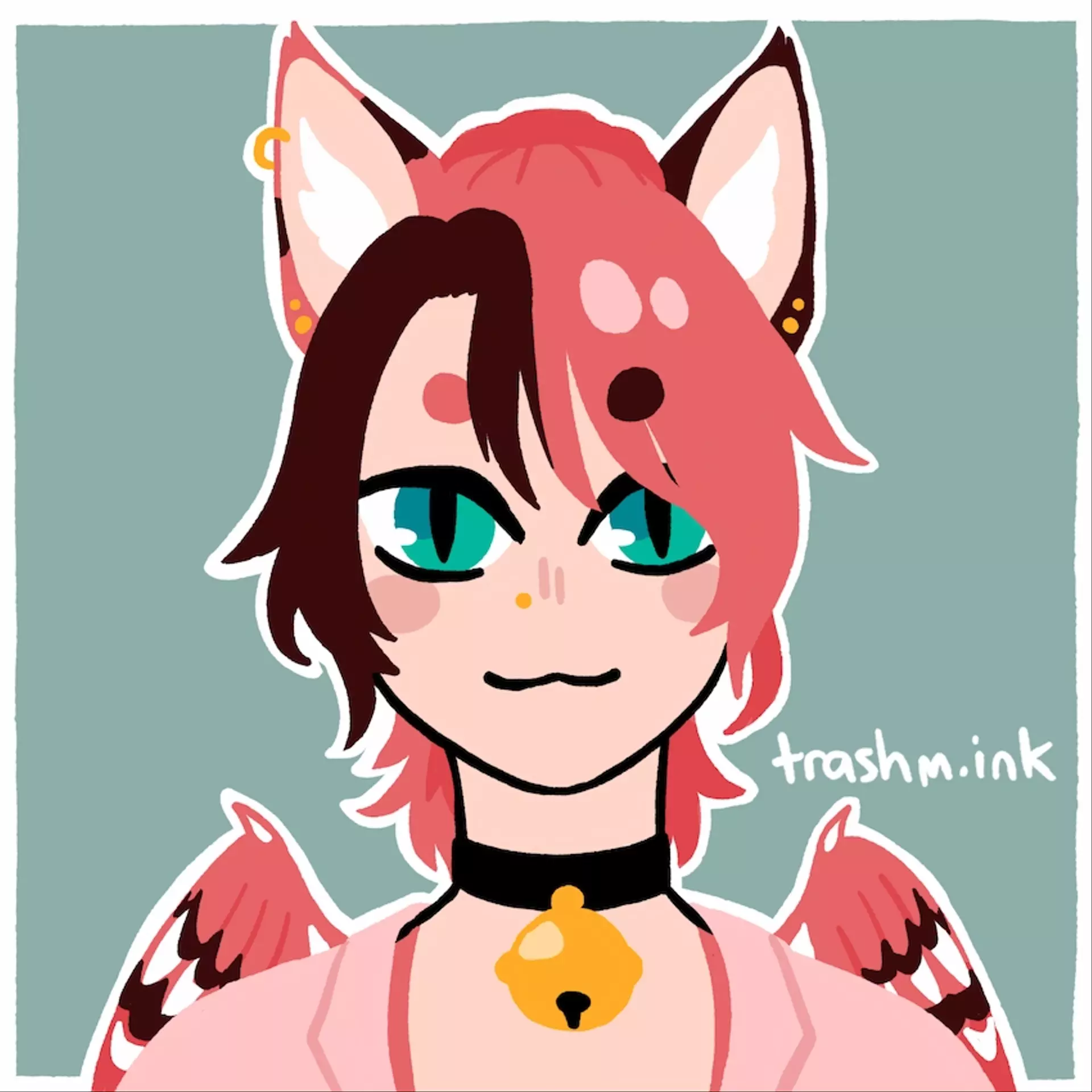 
            Portrait of a fair-skinned character with cat ears and sparrow wings. Their hair/fur is brown and pink.
            They have turquoise eyes and several golden piercings. They're wearing a bell collar and a pink shirt.
        